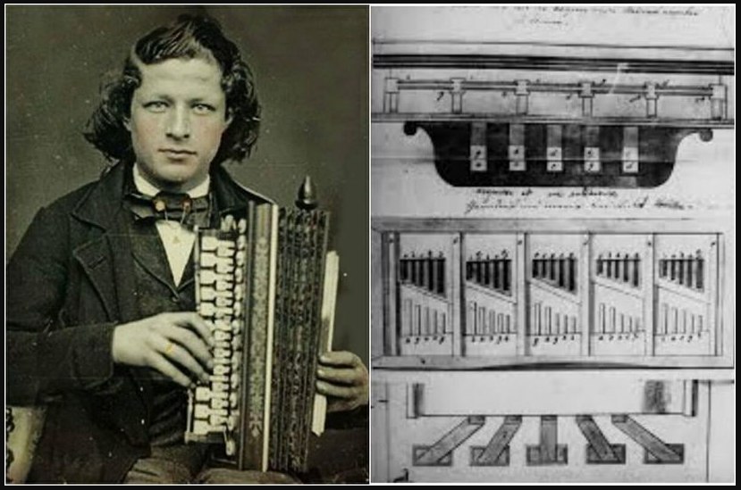 Cyrill Demian beside the first accordion and an excerpt from the 1829 patent.