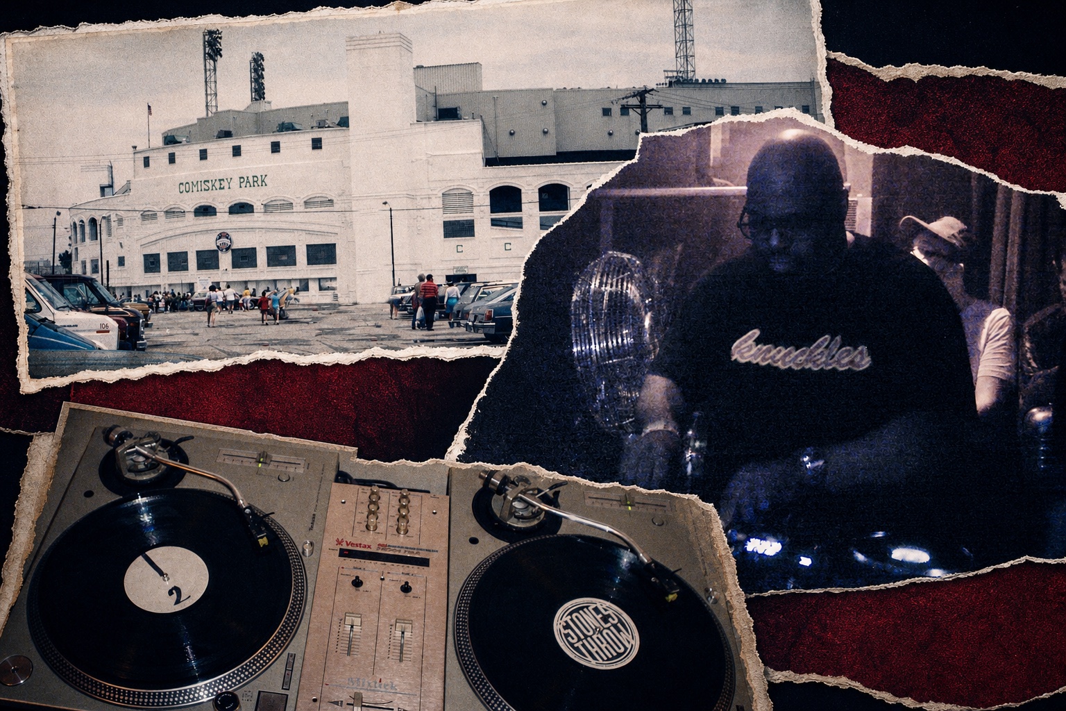 Colaj fotografic realist cu Comiskey Park, DJ-ul Frankie Knuckles și două platane, despre falsa moarte a disco-ului în 1979.