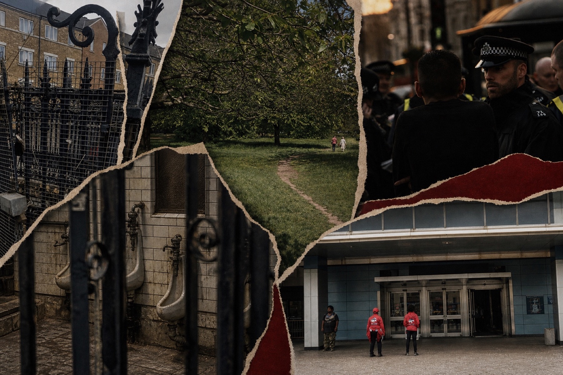 Colaj fotografic editorial realist cu o alee din Hyde Park, o toaletă publică istorică, polițiști londonezi, un pisoar vechi și intrarea Penn Station.