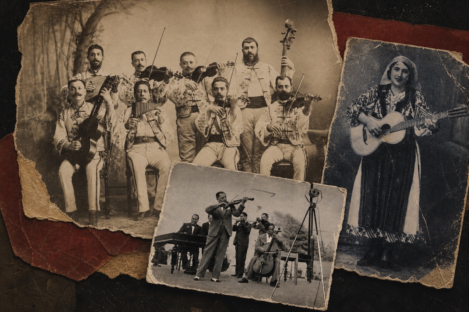 Colaj fotografic artistic din imagini reale cu taraful lui Ionică Dinicu la Paris în 1889, orchestra lui Grigoraș Dinicu și Maria Lătărețu.