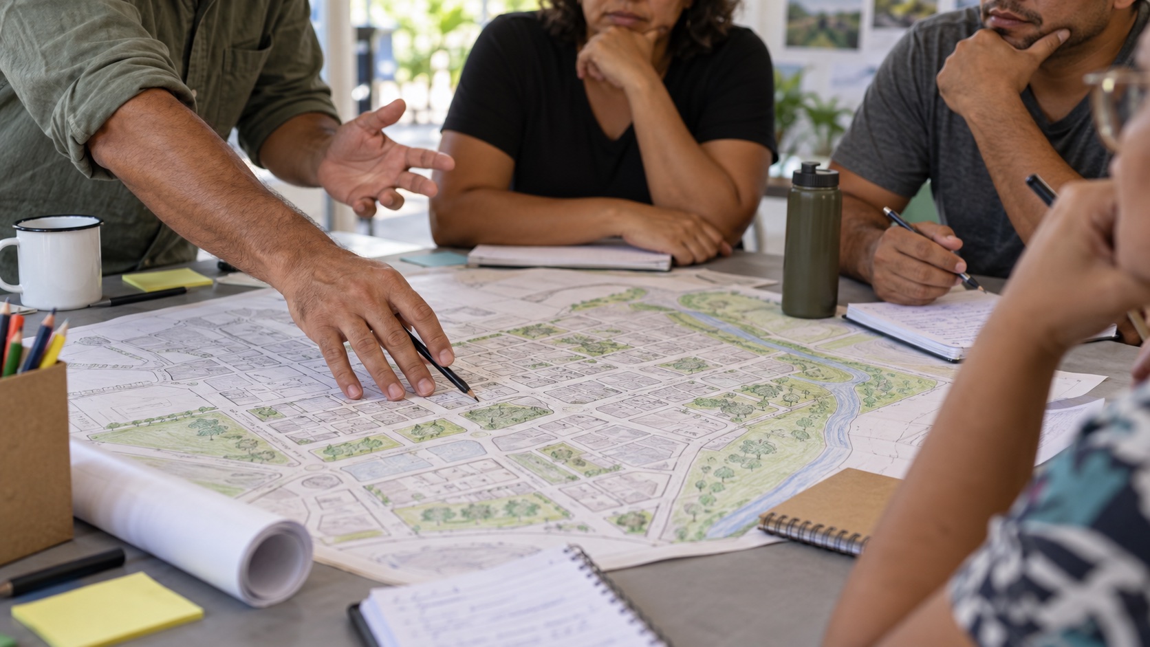 Un facilitator explică o hartă urbanistică generică unor participanți adulți.