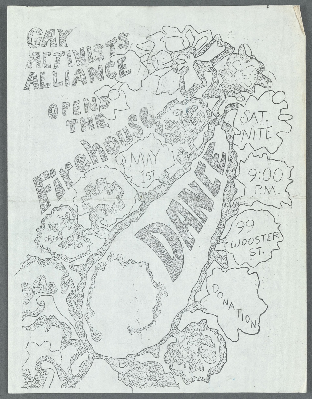 Flyerul original GAA pentru inaugurarea Firehouse Dance la 99 Wooster Street, pe 1 mai 1971.