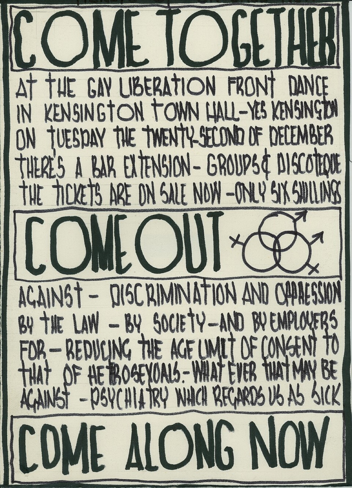 Flyerul primului dans al Gay Liberation Front din Marea Britanie, care cheamă publicul împotriva discriminării legale, sociale, profesionale și psihiatrice.