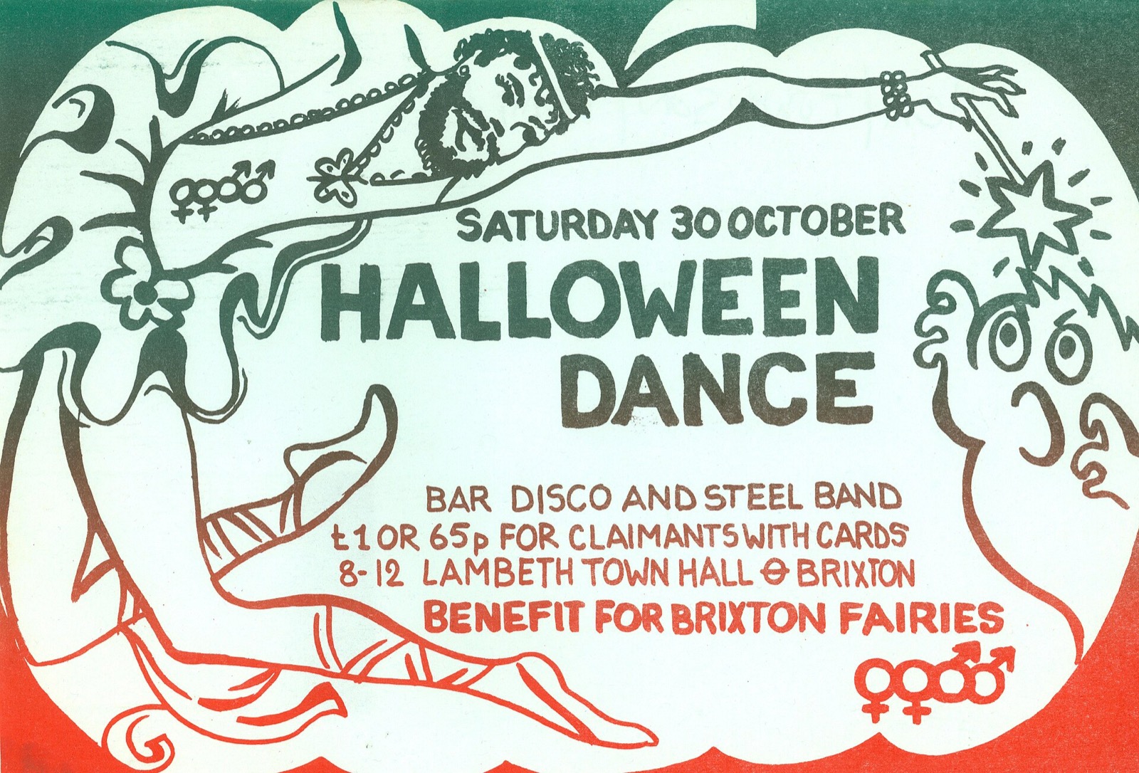 Bilet real pentru un dans queer de Halloween organizat ca beneficiu, cu prețuri diferențiate și mențiunea „Benefit for Brixton Fairies”.