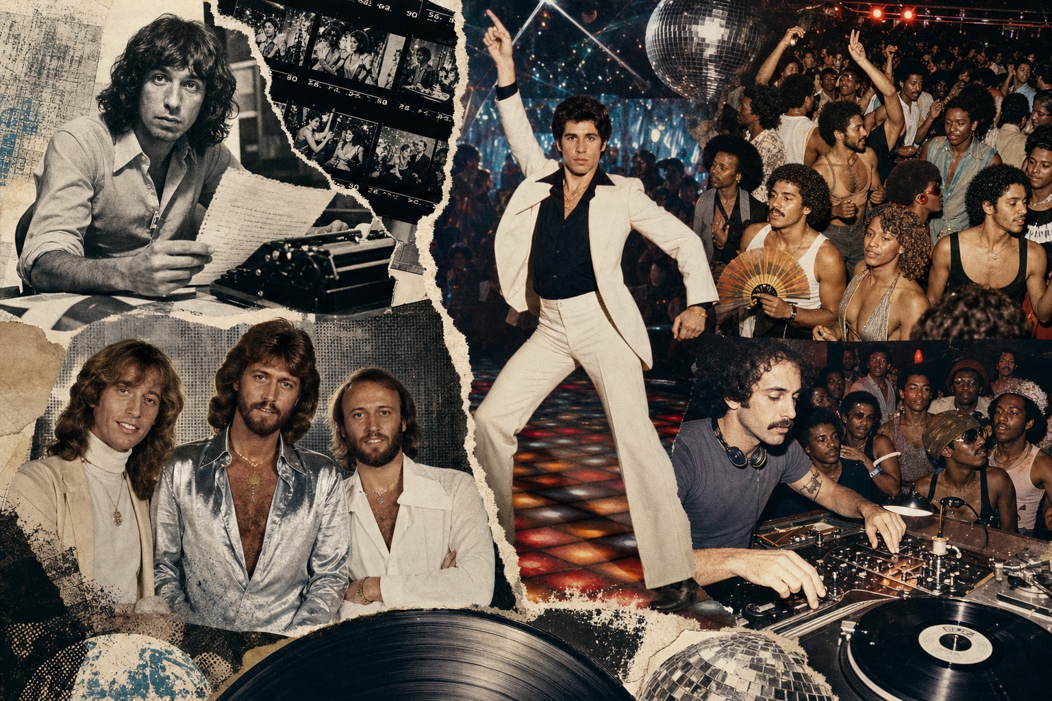 Colaj editorial cu jurnalistul Nik Cohn la mașina de scris, John Travolta în costum alb, Bee Gees, DJ-ul David Mancuso și un ring disco multicultural.