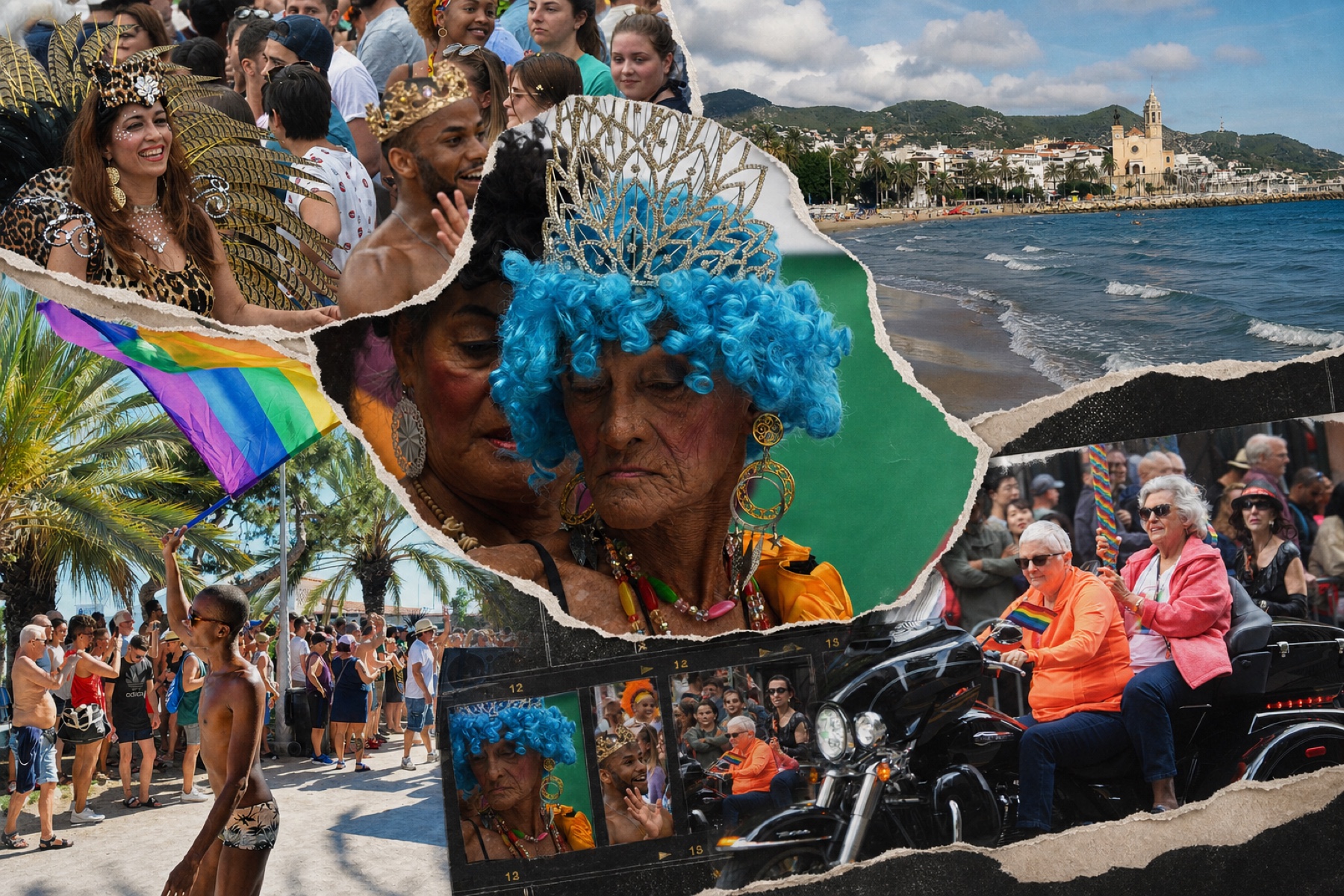 Colaj fotografic editorial din imagini reale cu seniori queer la Pride, comunitatea LGBT din Sitges, plaja, biserica și steagul curcubeu.